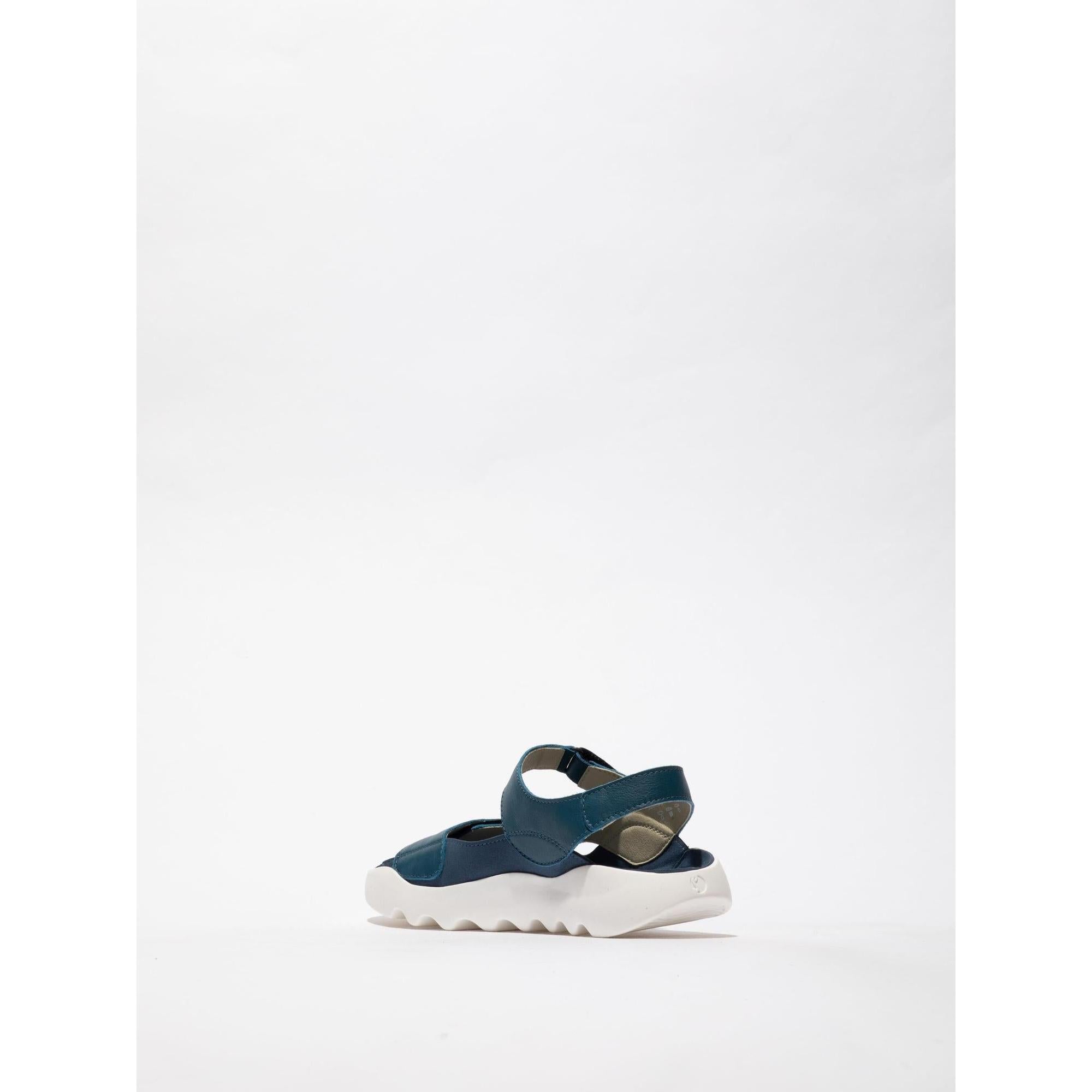Softinos WIAL788SOF women's blue denim leather and textile touch-fastening sandals with chunky white sole.