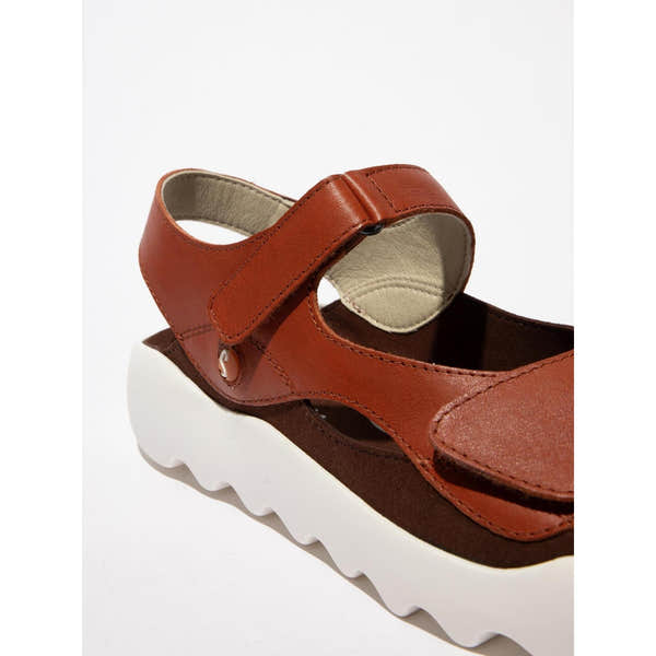 Ladies Softinos WIAL788SOF brick brown leather & textile touch fastening sandal with a chunky white sole.
