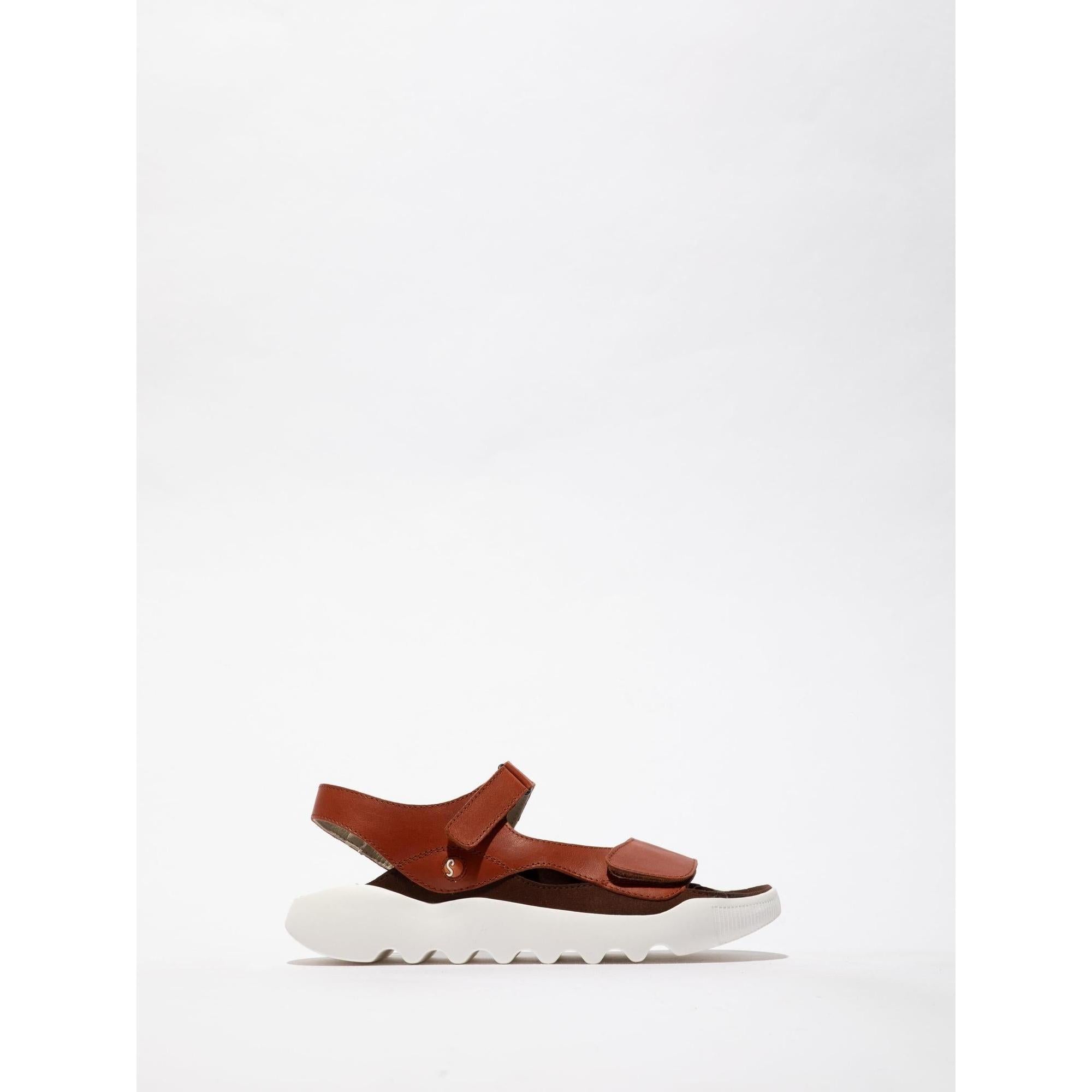 Ladies Softinos WIAL788SOF brick brown leather and textile touch-fastening sandals with white rugged sole.