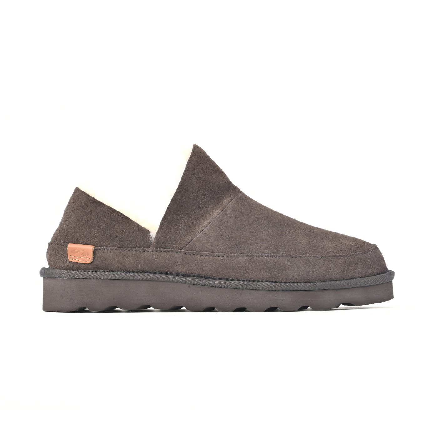 Strive Alaska chocolate brown suede slippers, side profile