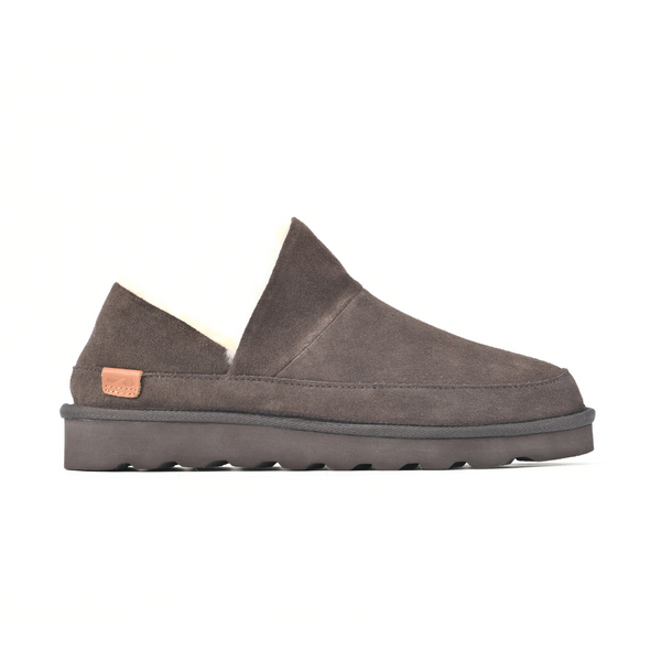 Strive Alaska chocolate brown suede slippers, side profile