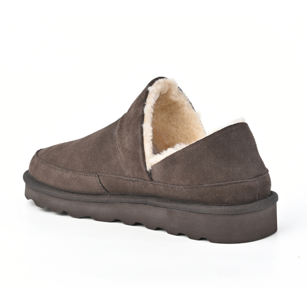 Strive Alaska chocolate brown suede slippers, rear three-quarter view