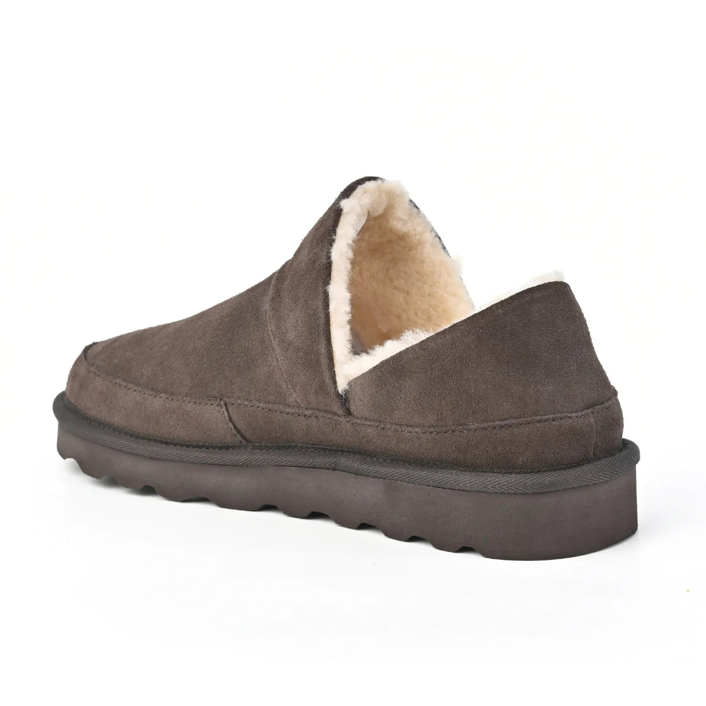 Strive Alaska chocolate brown suede slippers, rear three-quarter view