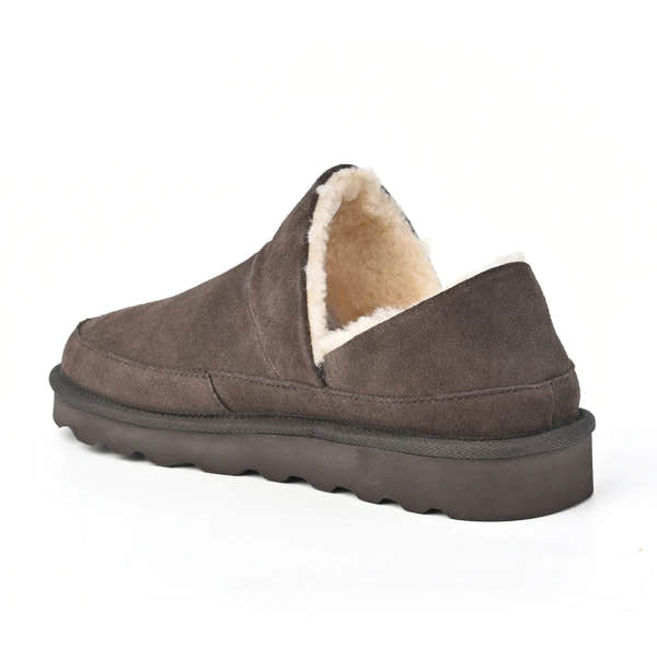Strive Alaska chocolate brown suede slippers, rear three-quarter view