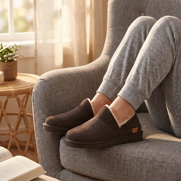 Strive Alaska chocolate brown suede slippers, worn while seated in an armchair