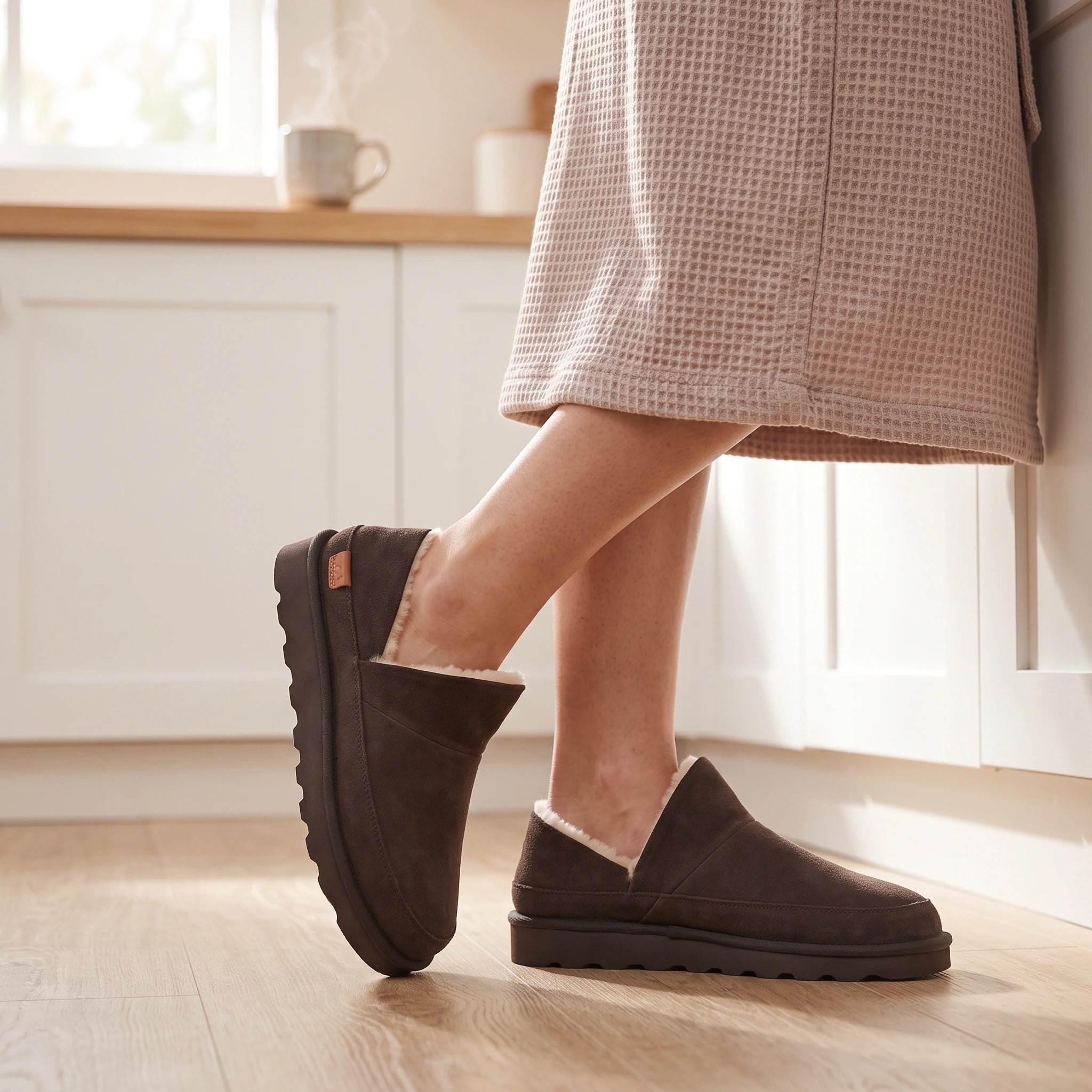 Strive Alaska chocolate brown suede slippers, worn in a kitchen