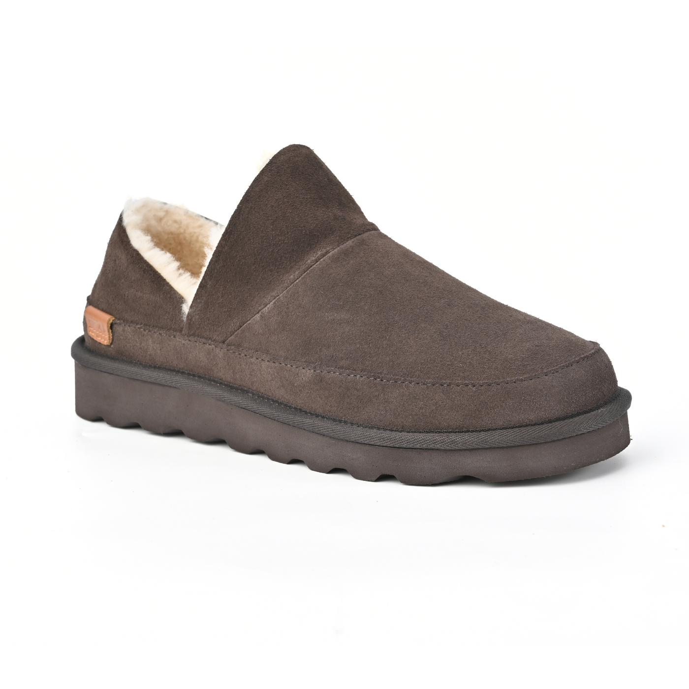 Strive Alaska chocolate brown suede slippers, three-quarter front view