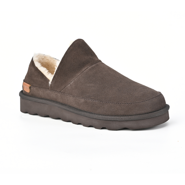 Strive Alaska chocolate brown suede slippers, three-quarter front view