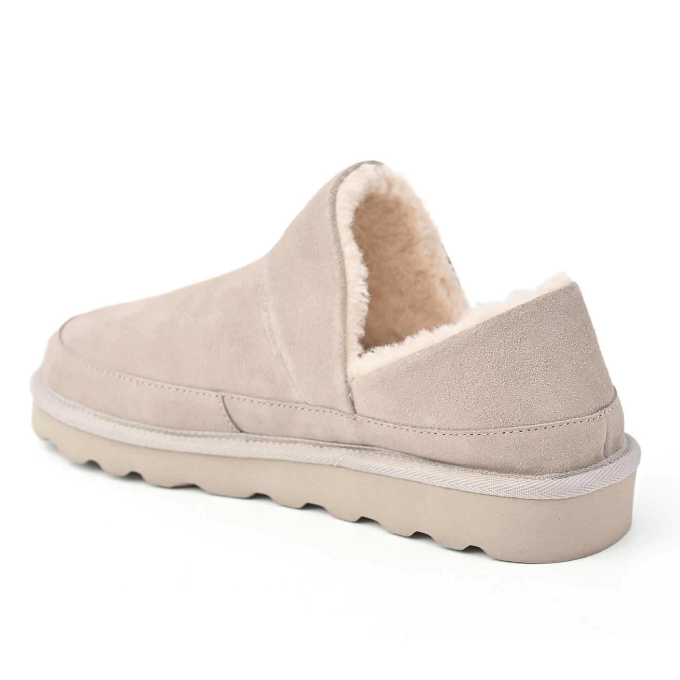 Strive Alaska grey suede slippers, rear three-quarter view