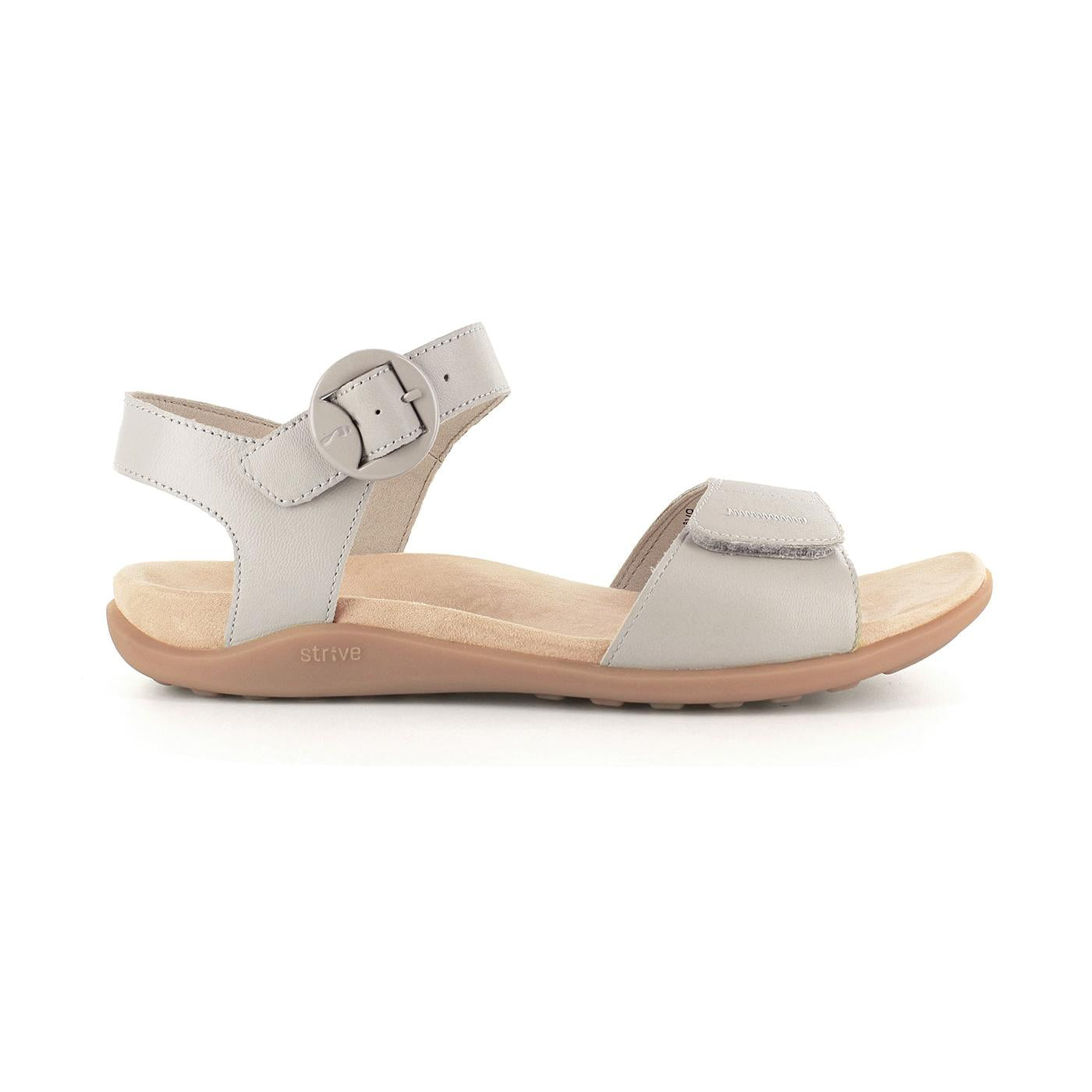 Strive Bay beige ladies leather sandals with touch fastening, arch support, and adjustable buckle strap.
