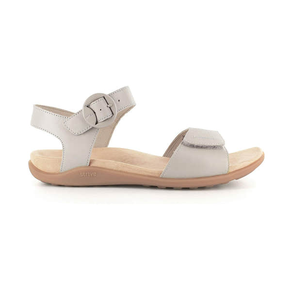 Strive Bay beige ladies leather sandals with touch fastening, arch support, and adjustable buckle strap.