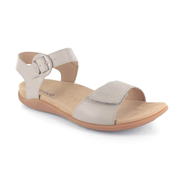Strive Bay beige ladies leather sandals with arch support, touch fastening straps, and cushioned footbed.