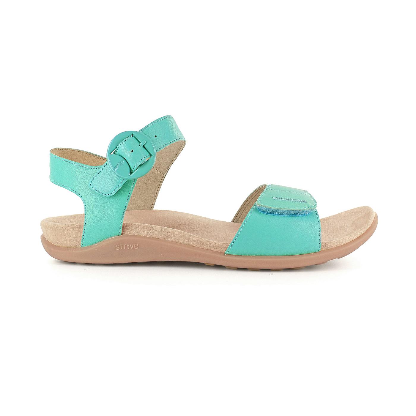 Strive Bay green ladies leather touch fastening sandals with arch support and beige cushioned footbed.