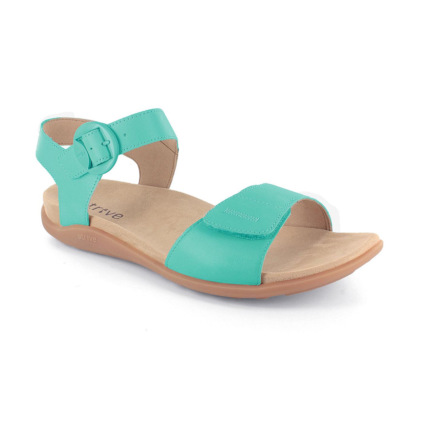 Strive Bay women's green leather sandals with arch support, touch fasten straps, and cushioned beige insole.