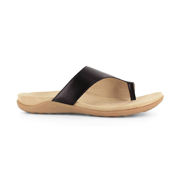 Strive Capri III black leather ladies' slip-on sandals with arch support, beige cushioned footbed, and tan rubber outsole.