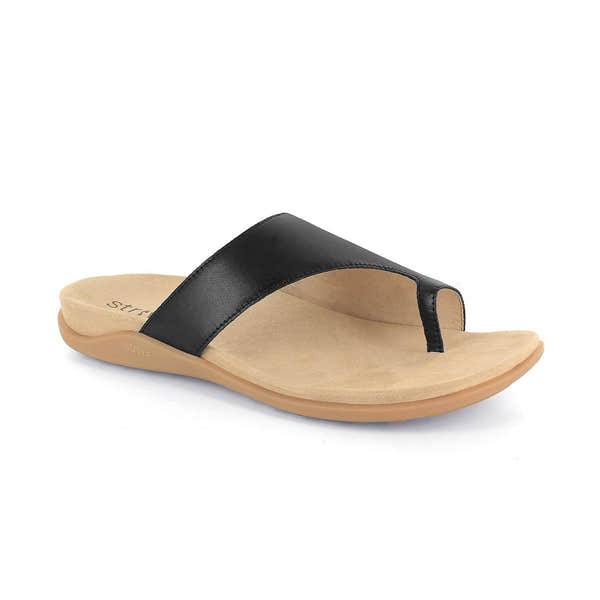 Strive Capri III black leather ladies slip-on sandals with arch support, thong design, and cushioned footbed.