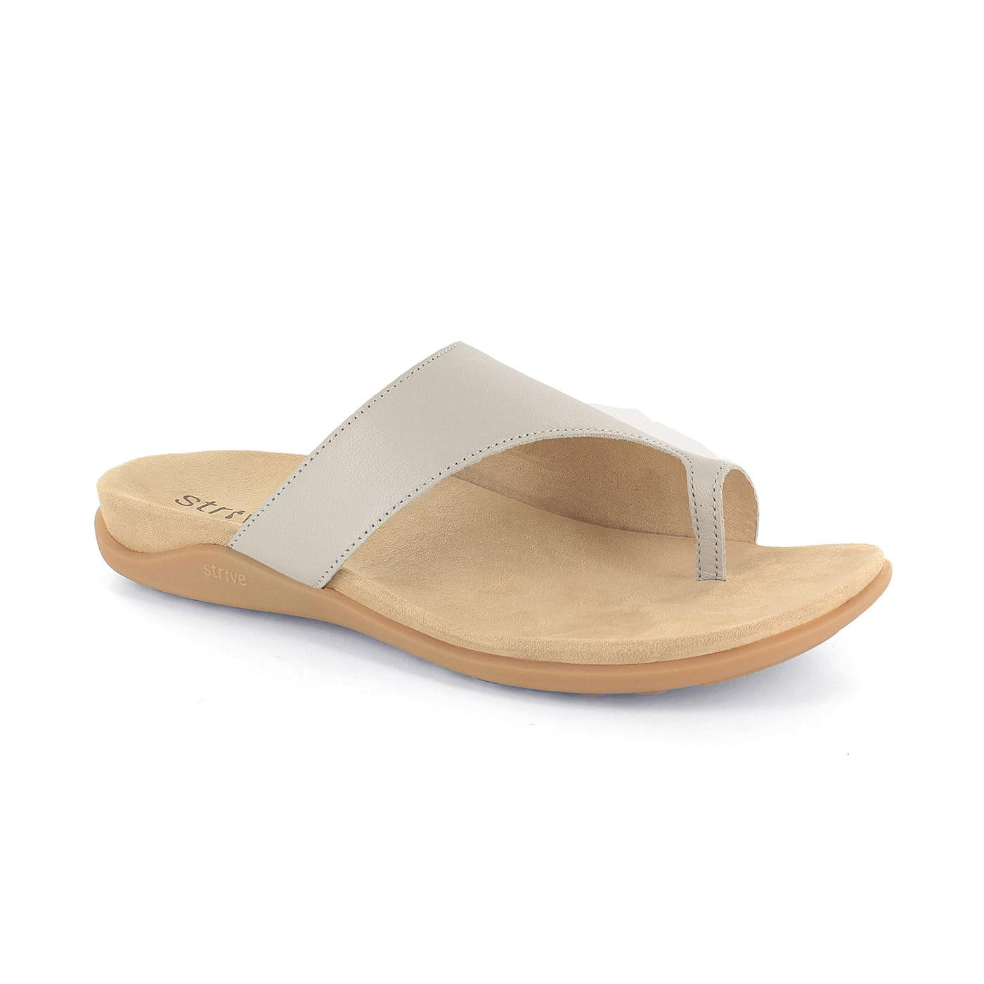 Strive Capri III ladies latte leather slip-on sandals with arch support and open toe design.