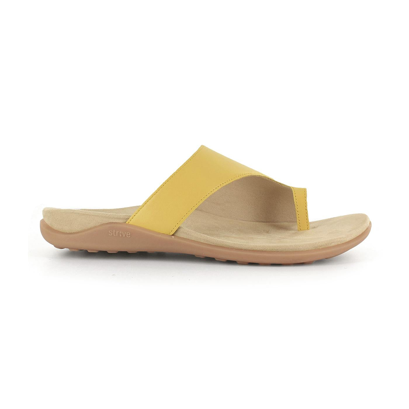 Strive Capri III women's leather slip-on sandal with arch support, yellow strap, beige footbed, and tan rubber sole.