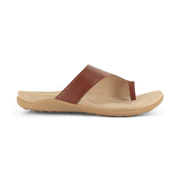 Strive Capri III women's tan leather slip-on sandals with arch support and thong toe, cushioned footbed, and rubber sole.