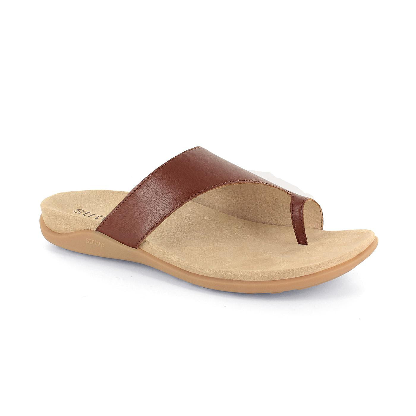 Strive Capri III women's tan leather slip-on sandals with arch support, thong toe, and cushioned beige footbed.