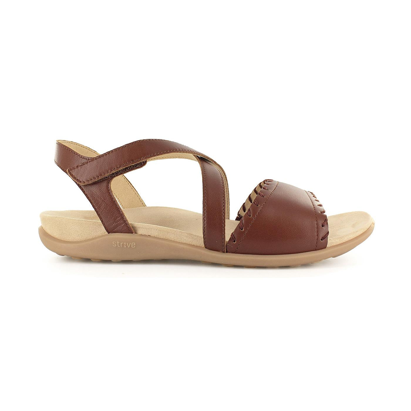 Strive Coral Ladies Tan Leather Arch Support Sandals with touch fastening, cushioned insole, and trendy design.
