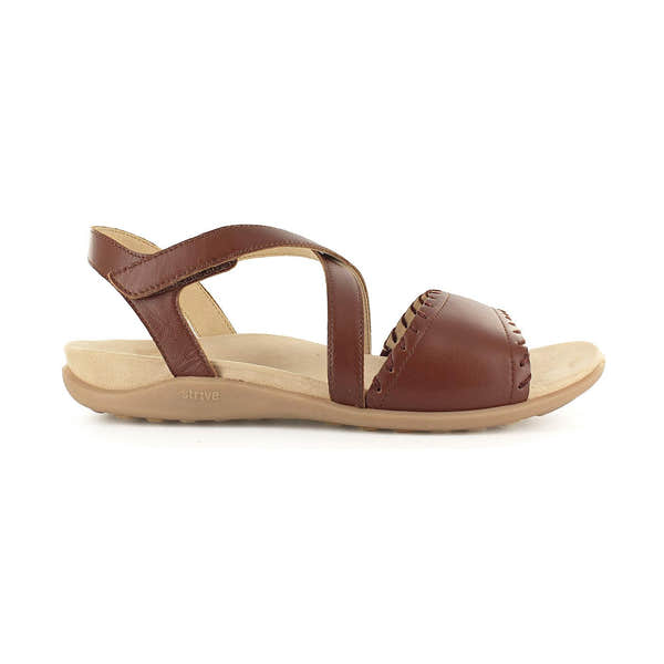 Strive Coral Ladies Tan Leather Arch Support Sandals with touch fastening, cushioned insole, and trendy design.