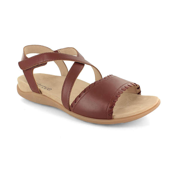 Strive Coral Ladies Tan Leather Arch Support Touch Fastening Sandals with cushioned footbed and adjustable straps.