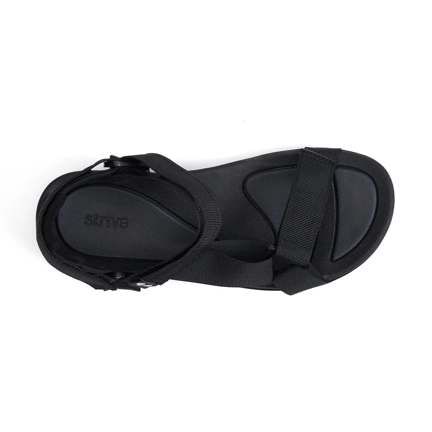 Strive Drift Ladies Black Arch Support Sandals with touch fastening straps and ergonomic sole design.