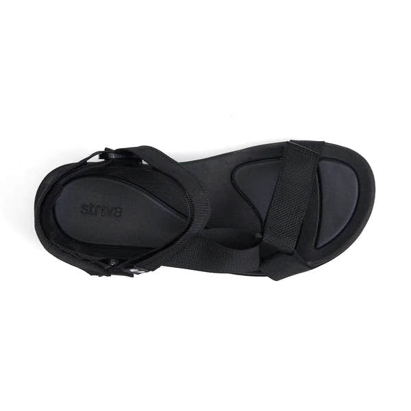 Strive Drift Ladies Black Arch Support Sandals with touch fastening straps and ergonomic sole design.