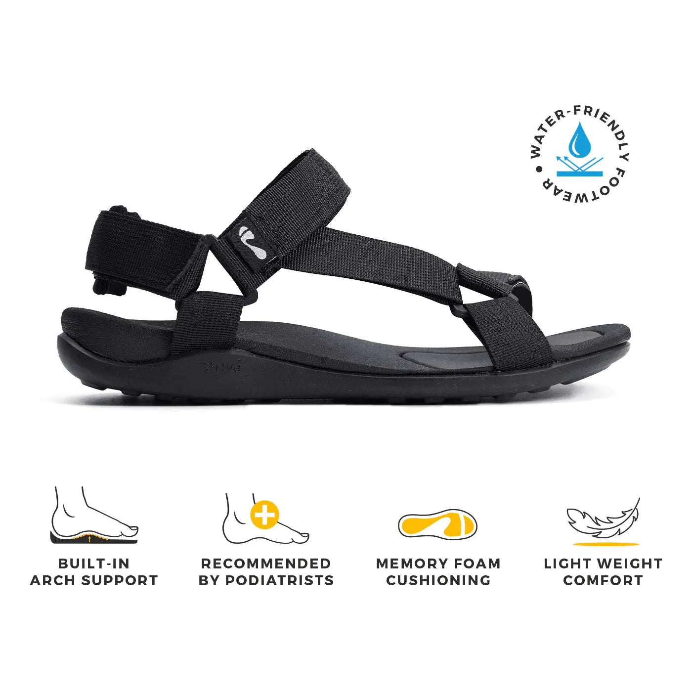 Strive Drift Ladies Black Arch Support Sandals with touch fastenings, lightweight, memory foam cushioning, and built-in arch support.