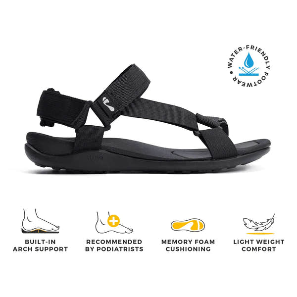 Strive Drift Ladies Black Arch Support Sandals with touch fastenings, lightweight, memory foam cushioning, and built-in arch support.