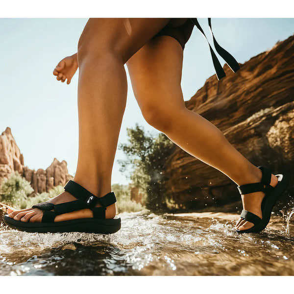Strive Drift Ladies Black Arch Support Touch Fastening Sandals worn by a woman outdoors near water with rocky scenery.