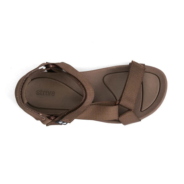 Strive Drift Ladies Chocolate Brown Arch Support Touch Fastening Sandals with cushioned sole and adjustable strap.