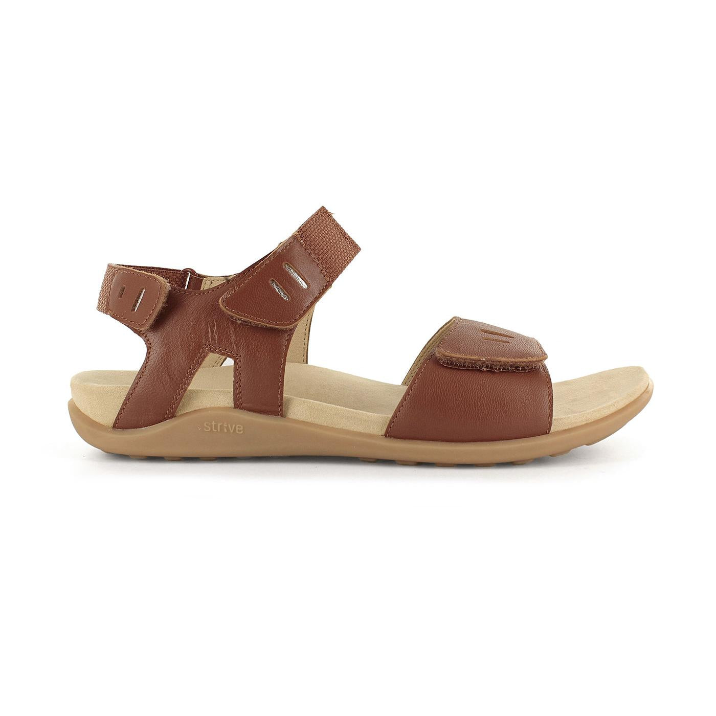 Strive Float Ladies Tan Leather Arch Support Sandals with Touch Fastening strap, cushioned sole, and comfortable design.