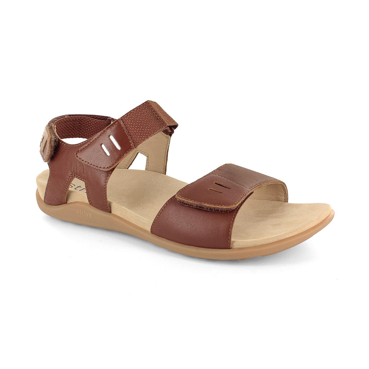 Strive Float Ladies Tan Leather Arch Support Sandals with touch fastenings and adjustable ankle strap.
