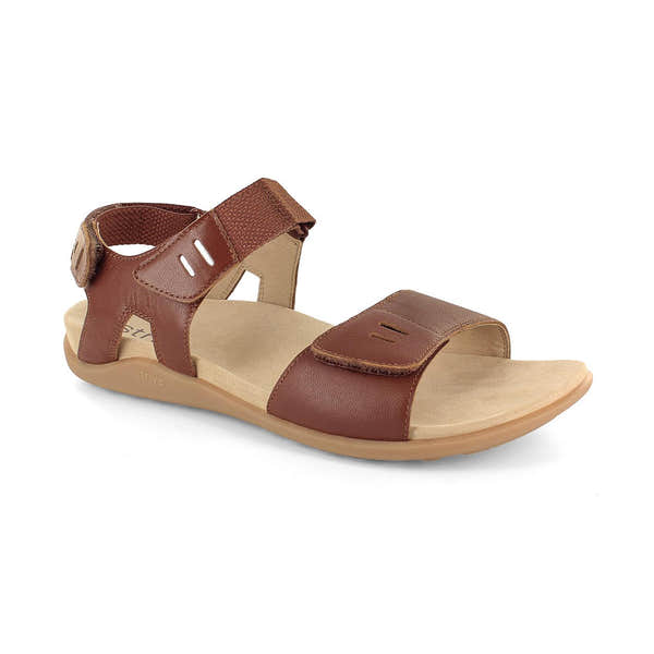 Strive Float Ladies Tan Leather Arch Support Sandals with touch fastenings and adjustable ankle strap.