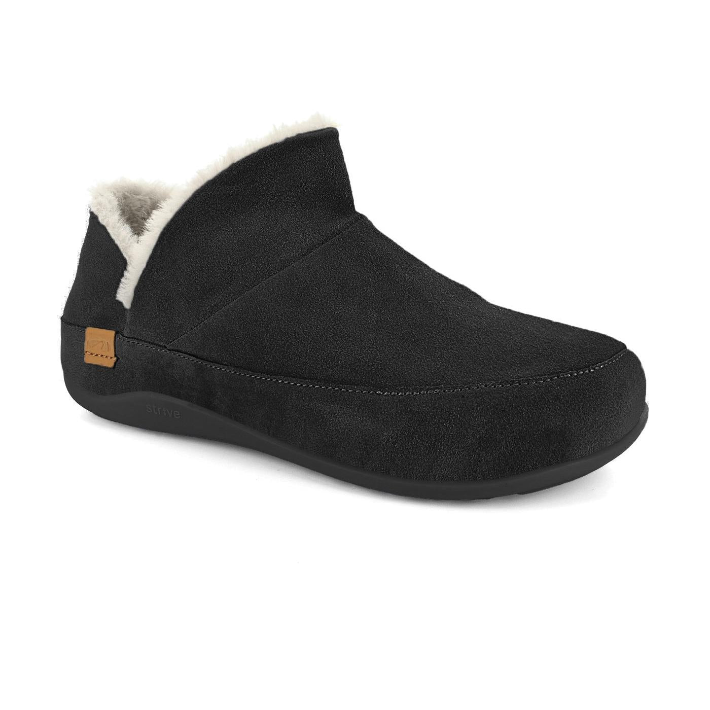 Strive Geneva women's black leather slip-on slippers with arch support and cozy faux fur lining.
