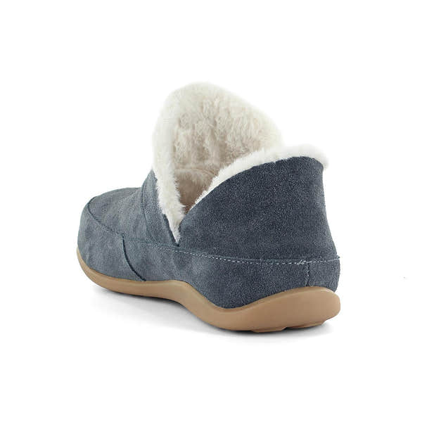 Strive Geneva women's slip-on slippers in charcoal grey leather with arch support and plush faux fur lining.