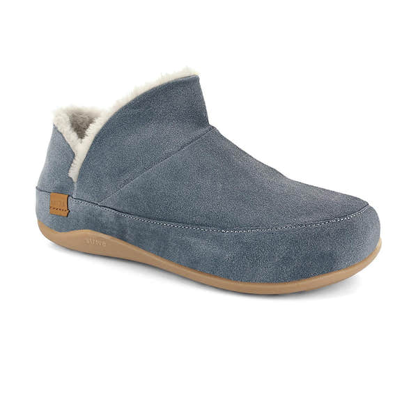Strive Geneva women's charcoal grey leather slip-on slippers with arch support and faux fur lining, rubber sole, casual indoor footwear.