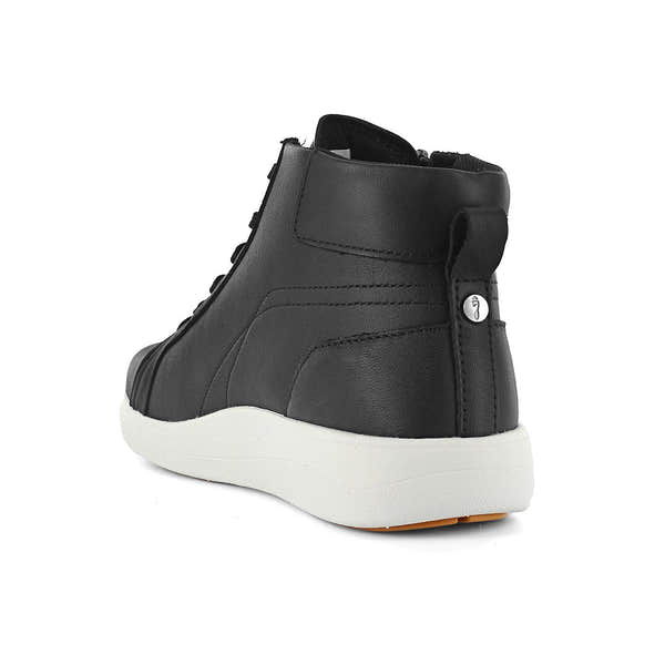 Strive Kensington II women's black leather ankle boots with zip & lace, arch support, and white rubber sole.