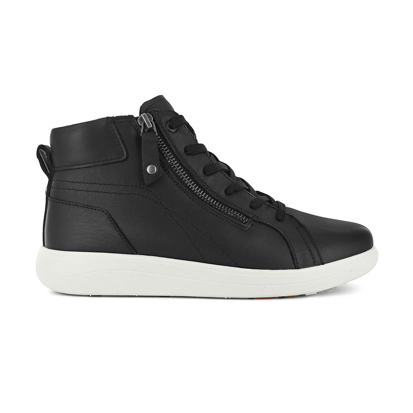 Women's black leather ankle boots with zip and lace-up closure, arch support, and white sole.