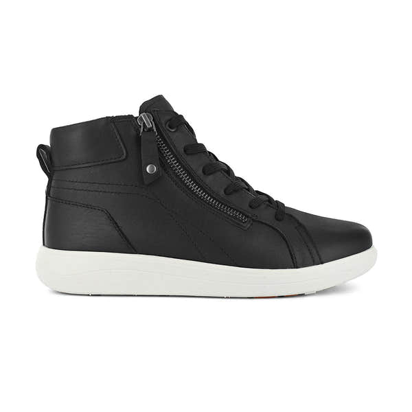 Women's black leather ankle boots with zip and lace-up closure, arch support, and white sole.