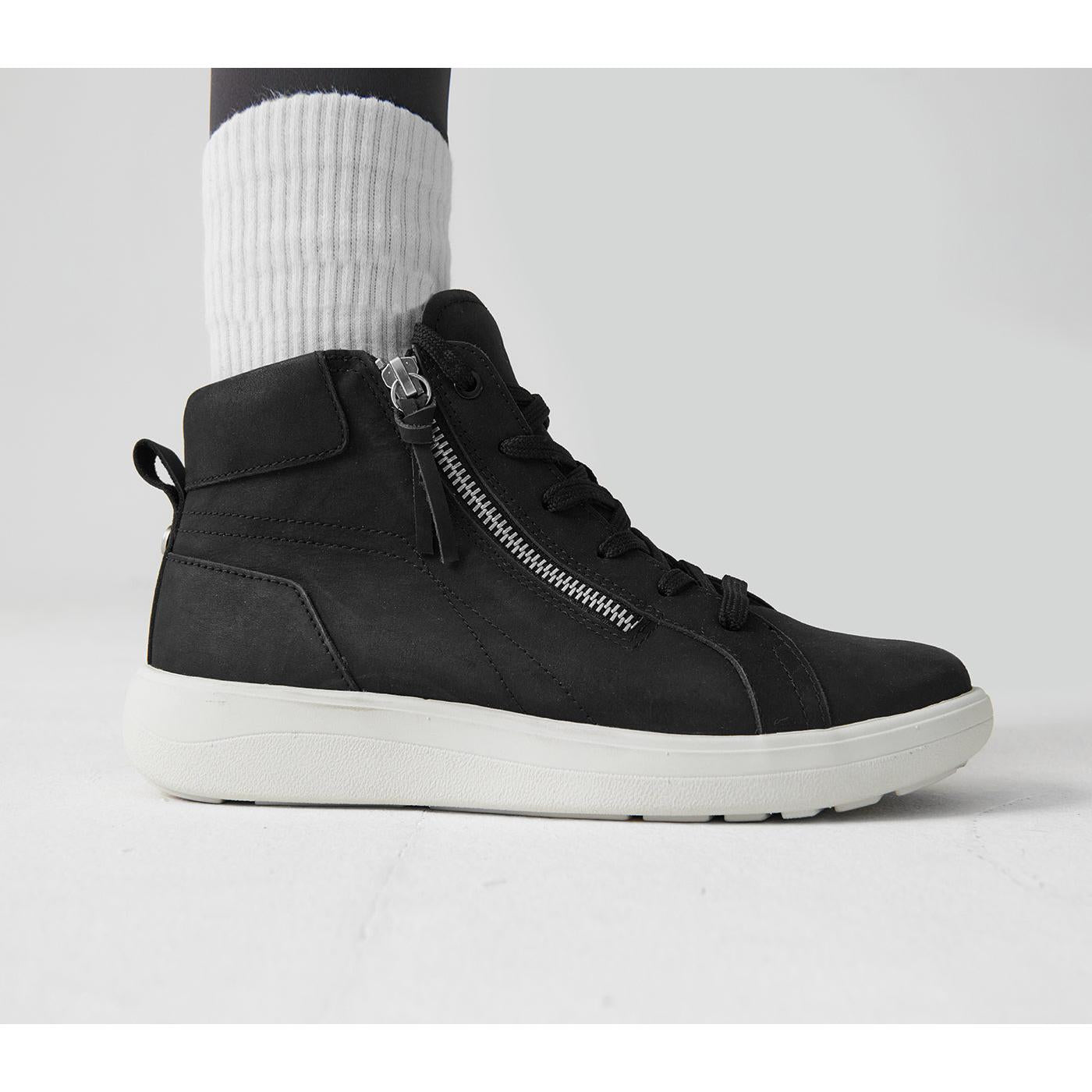 Strive Kensington II women's black leather ankle boots with zipper and lace-up, cushioned sole, and arch support.