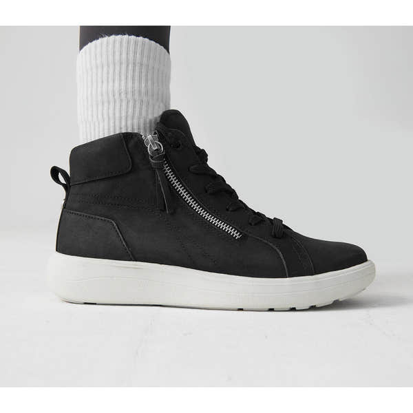 Strive Kensington II women's black leather ankle boots with zipper and lace-up, cushioned sole, and arch support.