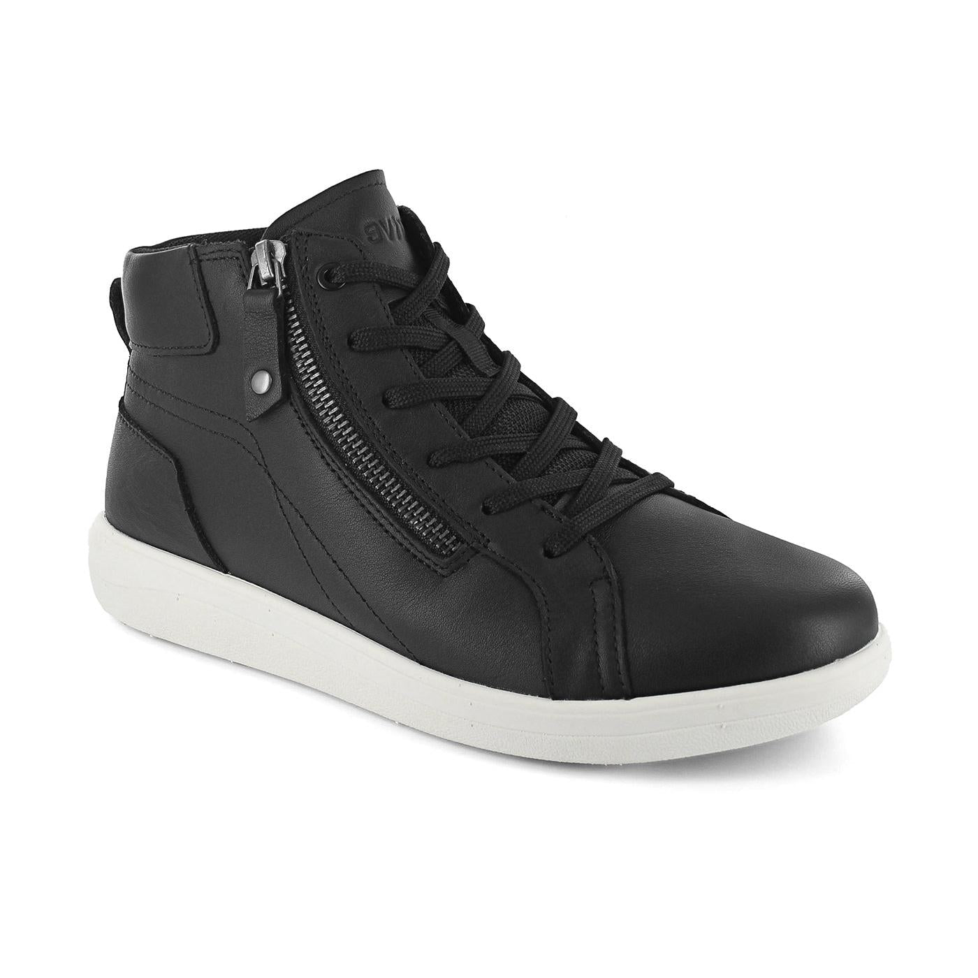 Strive Kensington II women's black leather ankle boots with zipper and lace-up front, arch support, and white sole.