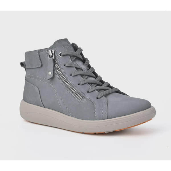 Strive Kensington grey ankle boot, three-quarter view showing the zip and laces