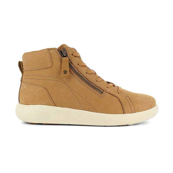 Strive Kensington women's oak leather ankle boots with lace-up and zip closure, arch support, and white rubber sole.