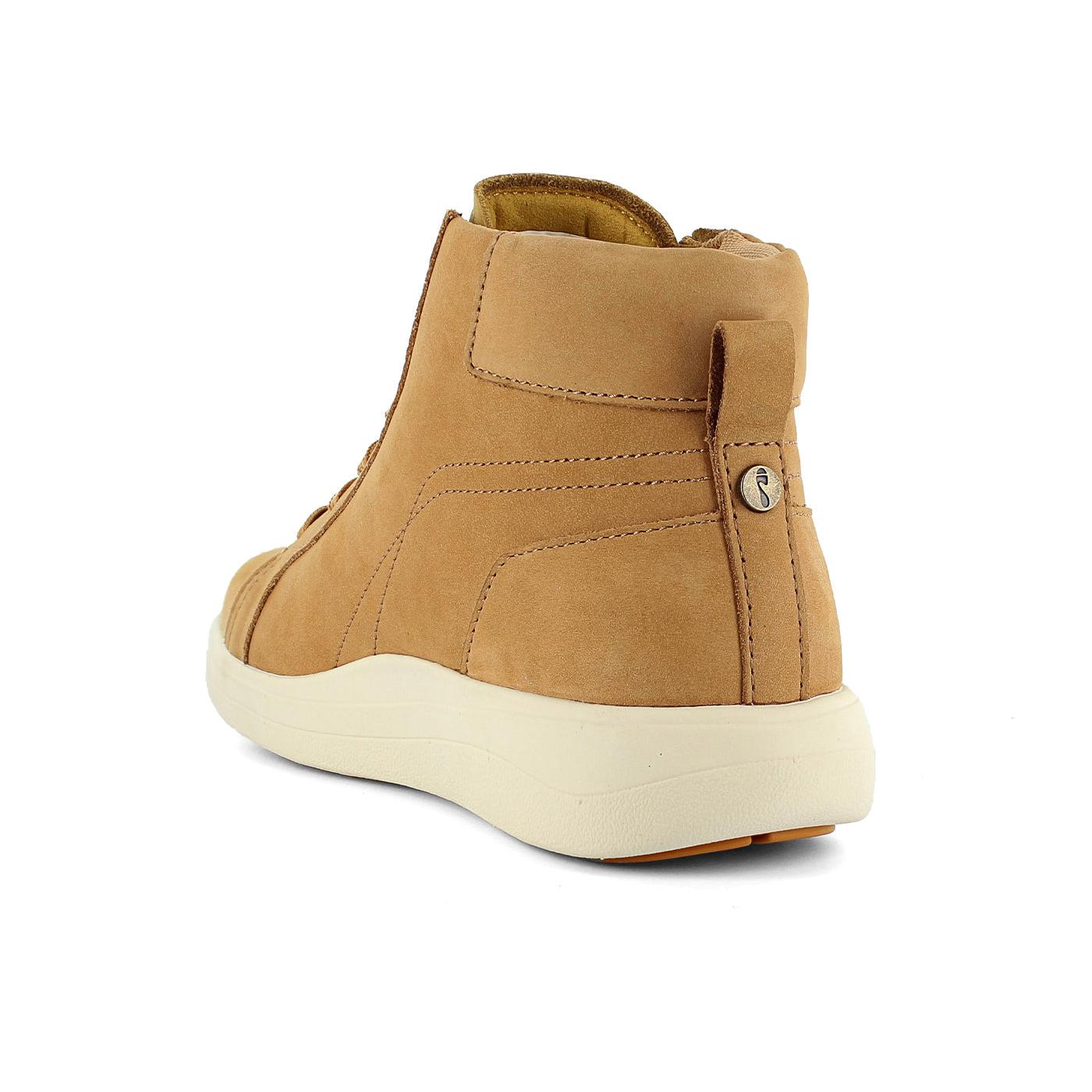 Strive Kensington women's oak leather ankle boots with zip and lace, arch support, and white rubber sole.