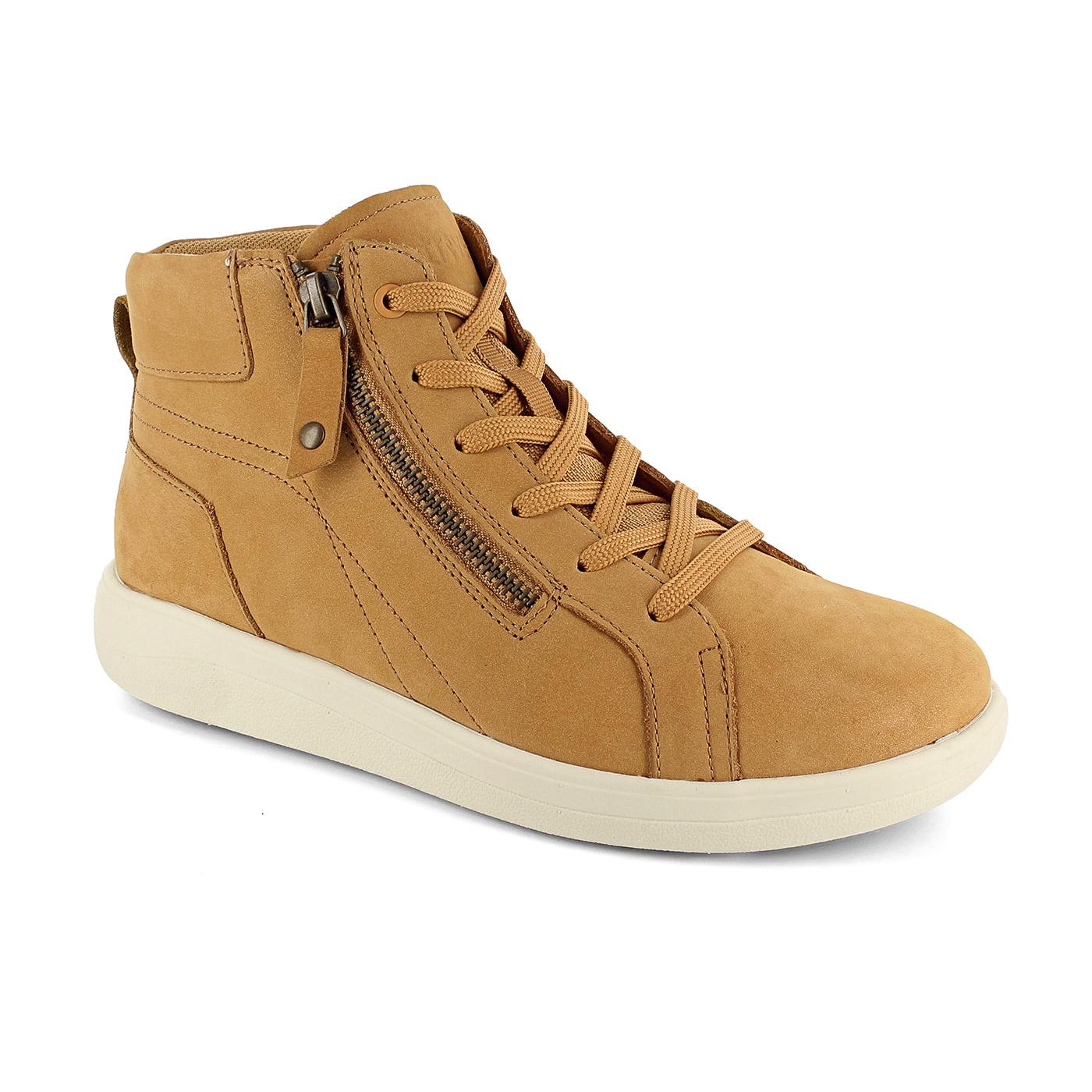 Strive Kensington women's oak leather ankle boot with zip and laces, arch support, and white rubber sole.