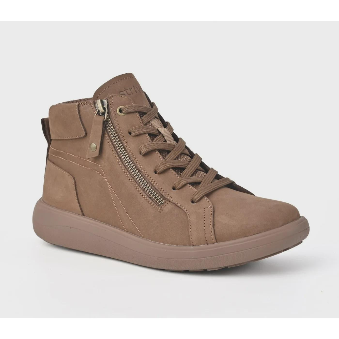 Strive Kensington tan ankle boot, three-quarter view showing the zip and laces